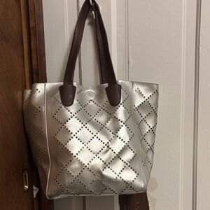 Elegant Silver Tote with Brown Leather Handles